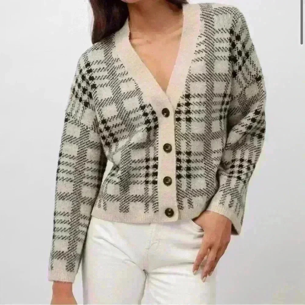 Rails Women's Plaid Cardigan Sweater Ivory Black Size XL Wool Winter Preppy - Picture 1 of 11